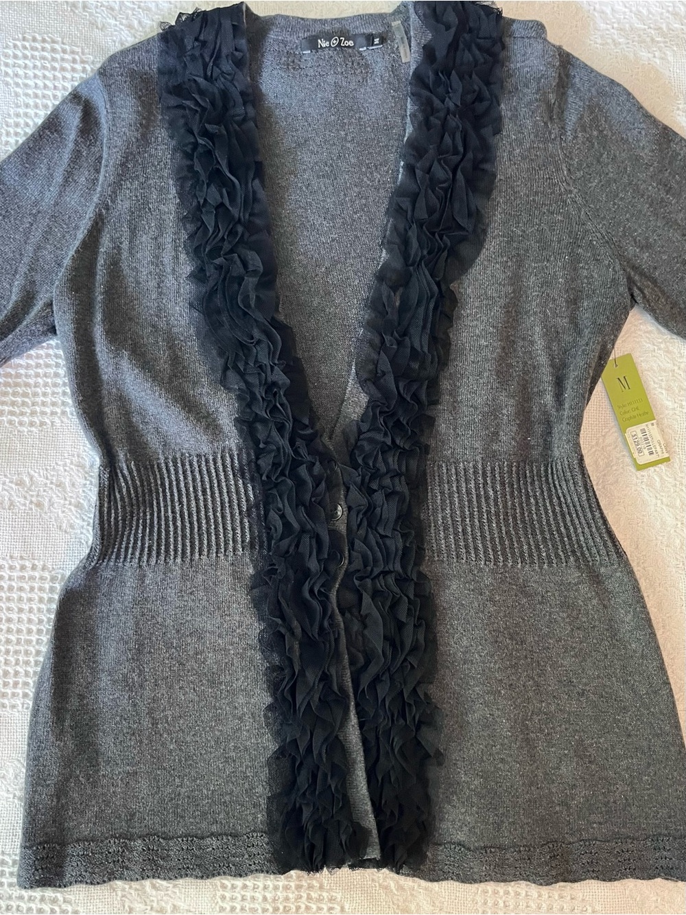 NWT NIC+ZOE Charcoal Gray Ruffle-Trim 3-Button Fitted Cardigan NEW - Picture 5 of 12